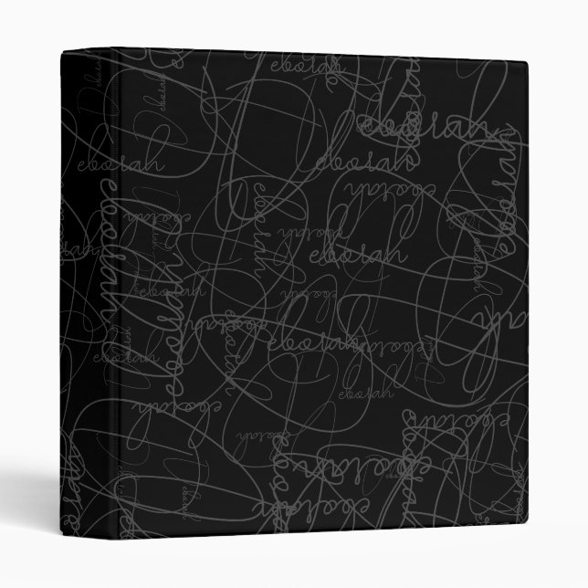 Calligraphy Pattern of Gray Signatures on Black  3 Ring Binder (Front/Spine)