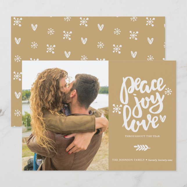 Calligraphy Peace Joy Love Photo Holiday Card (Front/Back)
