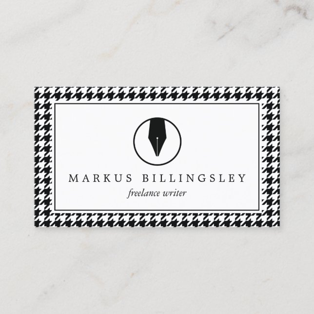 Calligraphy Pen Nib Logo with Houndstooth Pattern Business Card (Front)