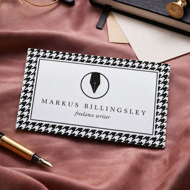 Calligraphy Pen Nib Logo with Houndstooth Pattern Business Card (Creator Uploaded)