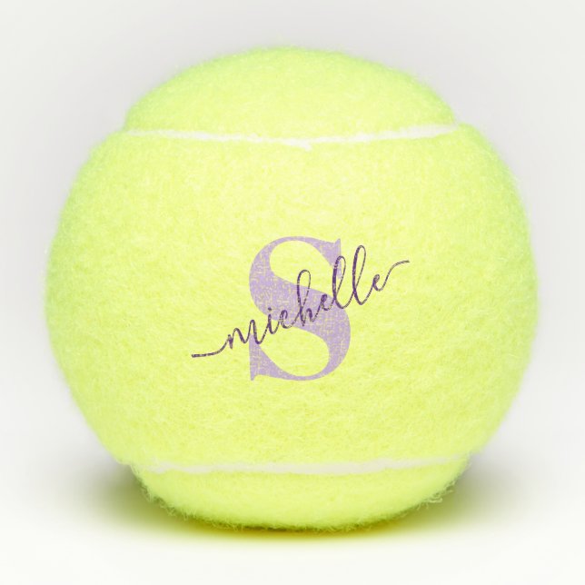 Calligraphy Personalized Monogram Name Purple Tennis Balls (Front)