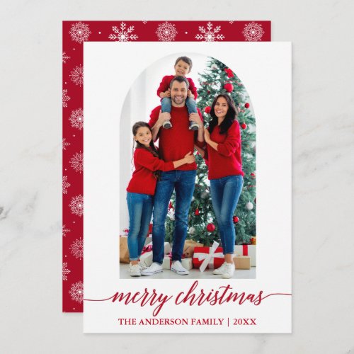 Calligraphy Photo Arch Christmas Snowflakes Red Holiday Card