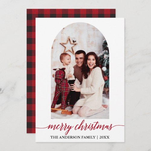 Calligraphy Photo Arch Red Plaid Christmas Holiday Card