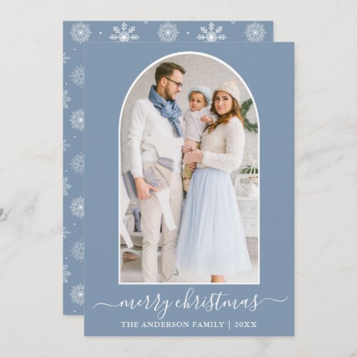 Calligraphy Photo Arch Snowflakes Dusty Blue Holiday Card