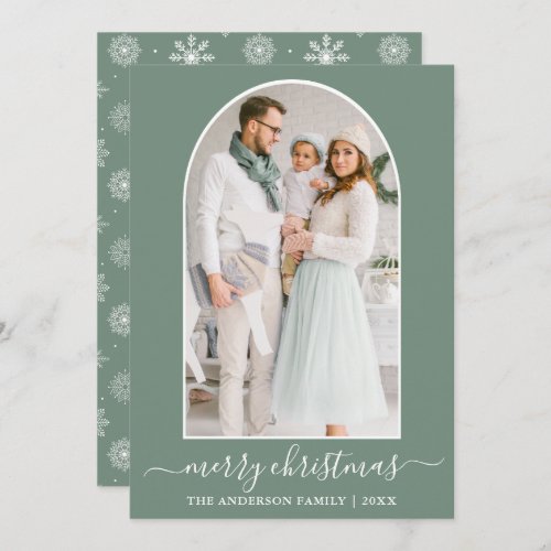 Calligraphy Photo Arch Snowflakes Sage Green Holiday Card