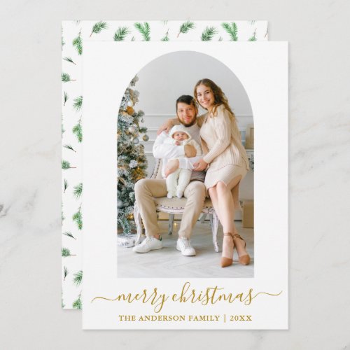 Calligraphy Photo Arch Watercolor Pines Gold Holiday Card