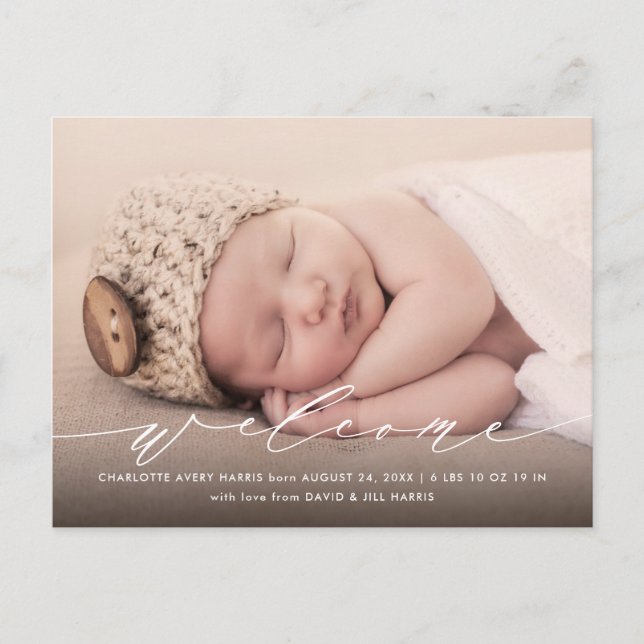 Calligraphy Photo Birth Announcement Postcard (Front)
