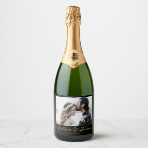 Calligraphy Photo Black & Gold Sparkling Wine Wedd Label
