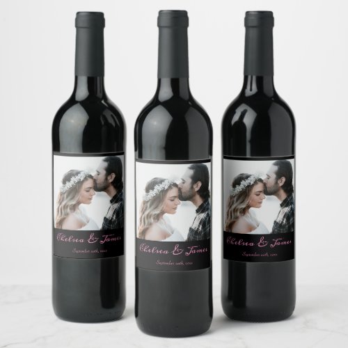 Calligraphy Photo Black  Pink Wedding Party  Wine Label