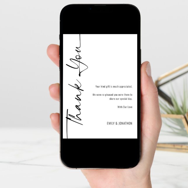 Calligraphy Photo Black White Wedding Thank You Card (Front Digital)