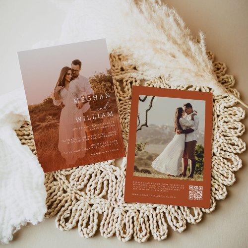 Calligraphy Photo Burnt Orange QR Code Wedding Invitation