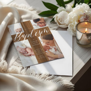 Calligraphy Photo Collage Baby Baptism Wood Cross Invitation