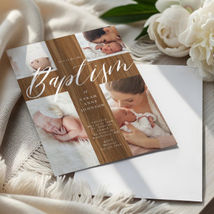 Calligraphy Photo Collage Baby Baptism Wood Cross  Invitation