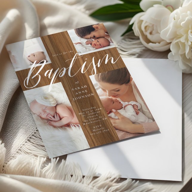 Calligraphy Photo Collage Baby Baptism Wood Cross  Invitation (Calligraphy Photo Collage Baby Baptism Wood Cross Invitation)