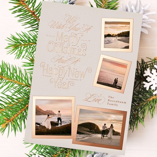 calligraphy photo collage new year merry christmas foil holiday card