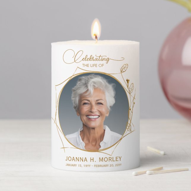 Calligraphy Photo Gold Geometric Foliage Memorial Pillar Candle (In Situ)