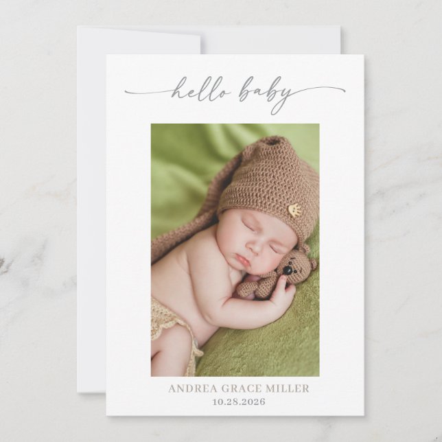 Calligraphy Photo Hello Baby Announcement Card (Front)