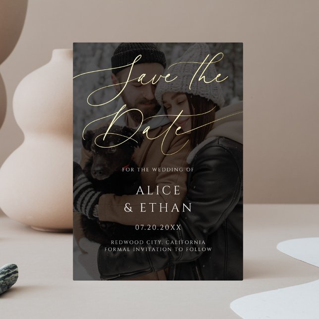 Calligraphy Photo Overlay Wedding Save The Date Foil Invitation (Creator Uploaded)