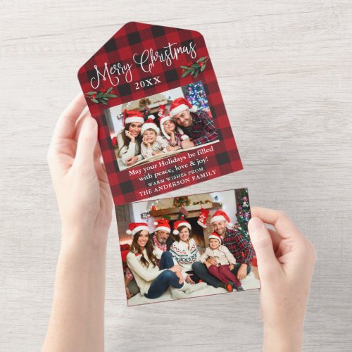 Calligraphy Photo Plaid All In One Christmas Card