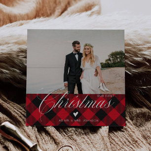 Calligraphy Photo Plaid Our First Christmas Holiday Card