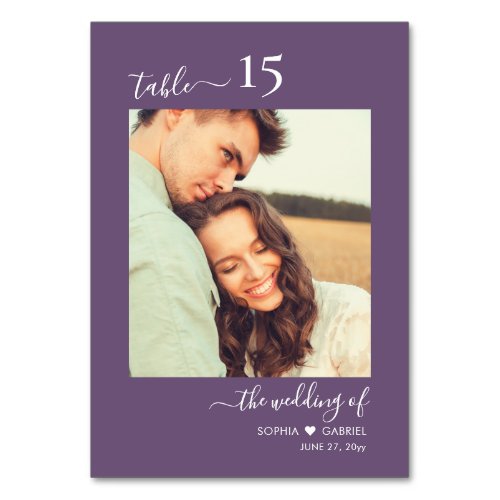 Calligraphy Photo Purple Wedding Double Sided Table Number