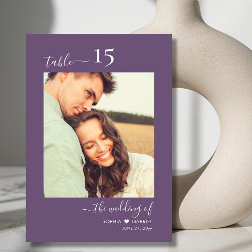 Calligraphy Photo Purple Wedding Double Sided Table Number