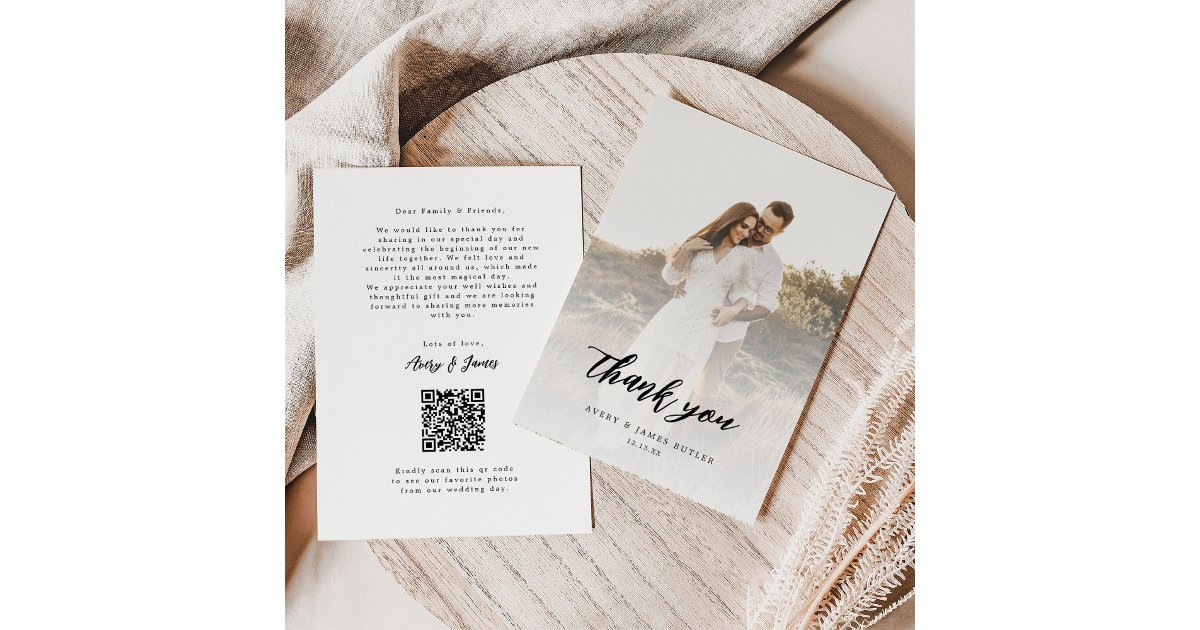 Calligraphy Photo Qr Code Wedding Thank You Card | Zazzle