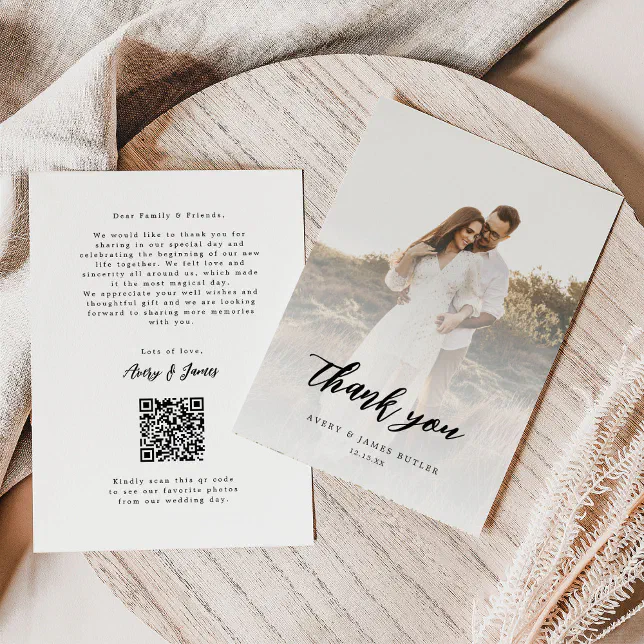 Calligraphy Photo Qr Code Wedding Thank You Card | Zazzle