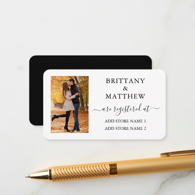 Calligraphy Photo Wedding Registry Black White Enclosure Card (Front/Back In Situ)