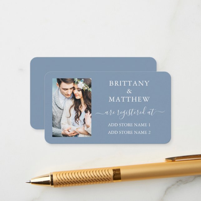 Calligraphy Photo Wedding Registry Dusty Blue Enclosure Card (Front/Back In Situ)