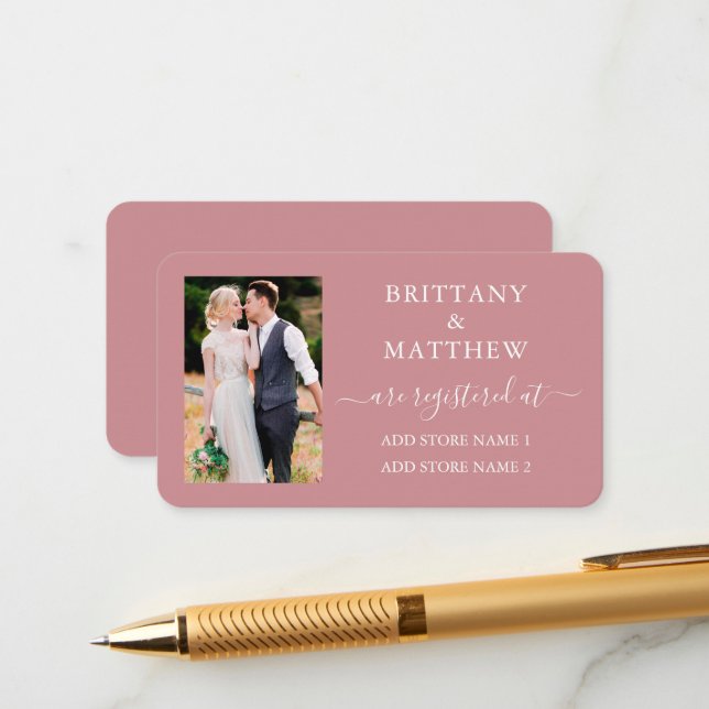 Calligraphy Photo Wedding Registry Dusty Rose Enclosure Card (Front/Back In Situ)
