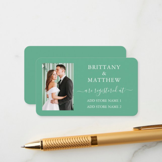 Calligraphy Photo Wedding Registry Mint Green Enclosure Card (Front/Back In Situ)