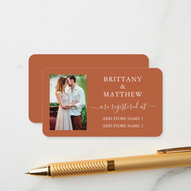 Calligraphy Photo Wedding Registry Terracotta Enclosure Card (Front/Back In Situ)