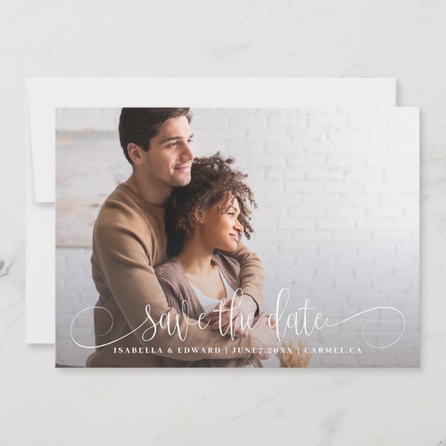 Calligraphy Photo Wedding Save the Date Card (Front)