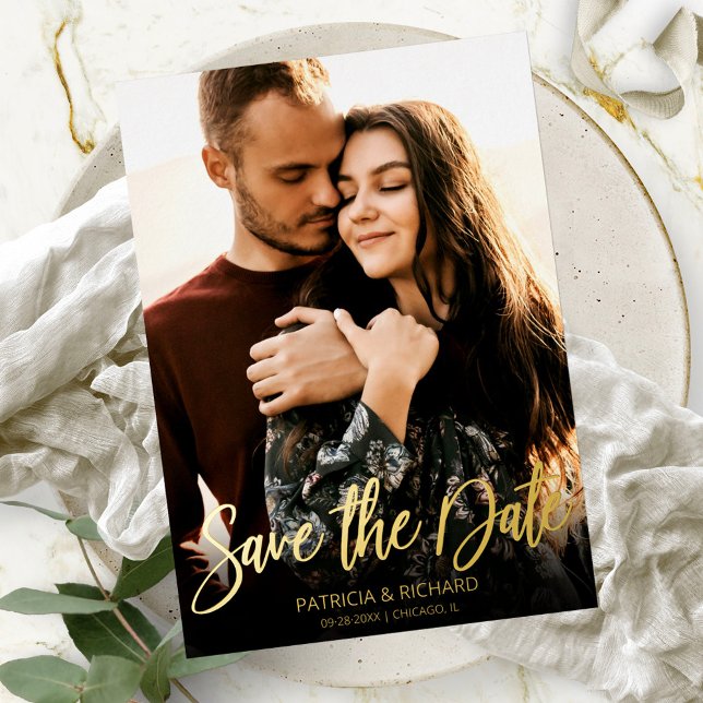 Calligraphy Photo Wedding Save The Date Foil Invitation (Creator Uploaded)
