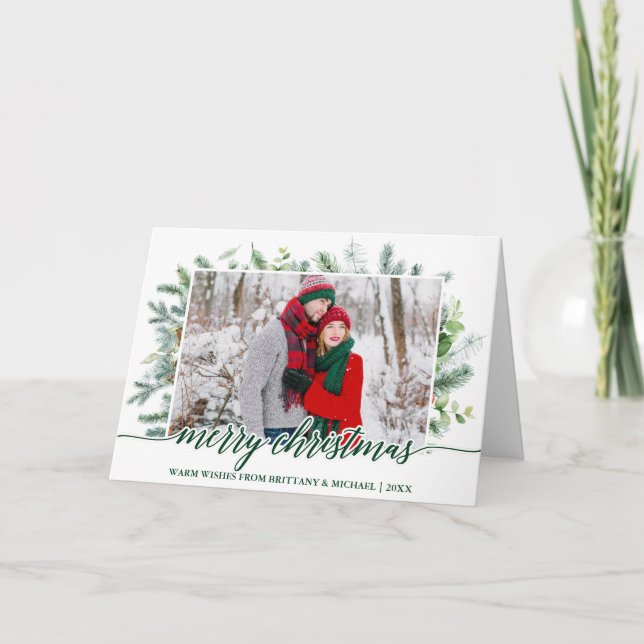 Calligraphy Pine Greenery Couple Green Christmas Holiday Card (Front)