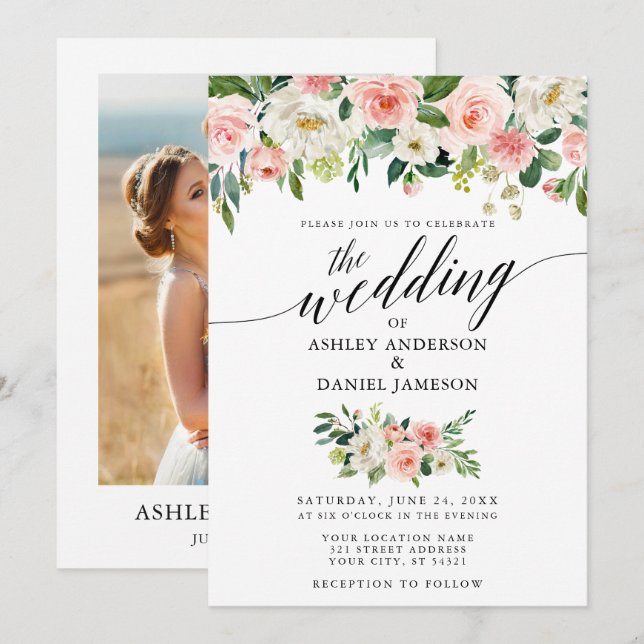 Calligraphy Pink Blush Floral Photo Wedding Invitation (Front/Back)