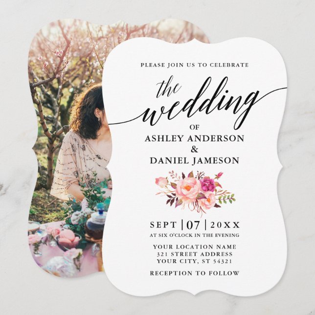 Calligraphy Pink Blush Floral Photo Wedding Invitation (Front/Back)