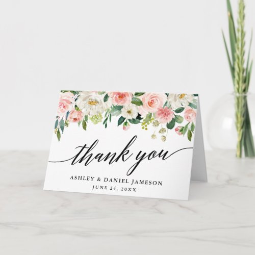 Calligraphy Pink Blush Floral Wedding Fold Thank You Card