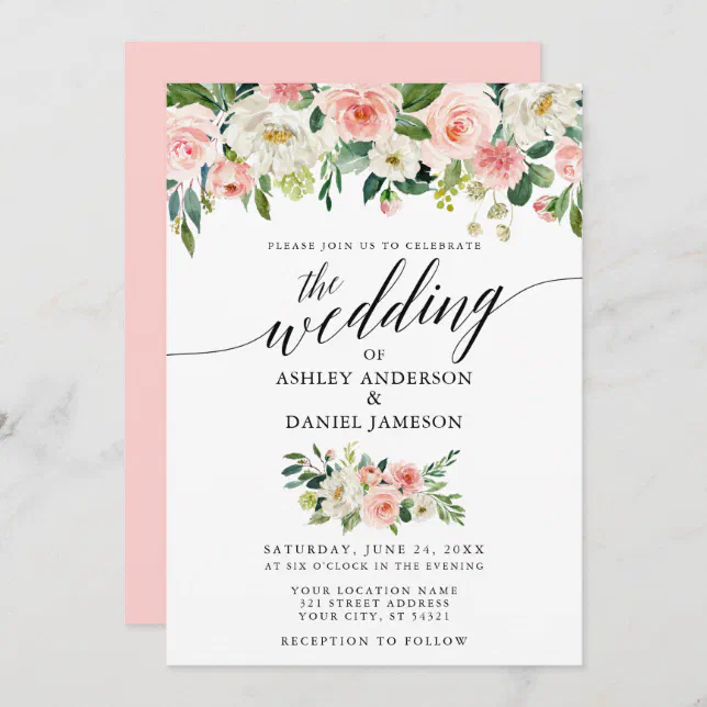 Calligraphy Pink Blush Floral Wedding Invitation | Zazzle