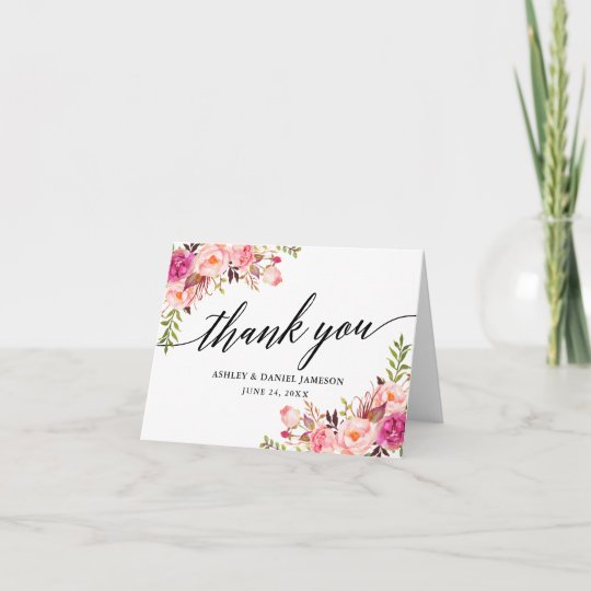 Calligraphy Pink Blush Floral Wedding Note Thank You Card | Zazzle.com