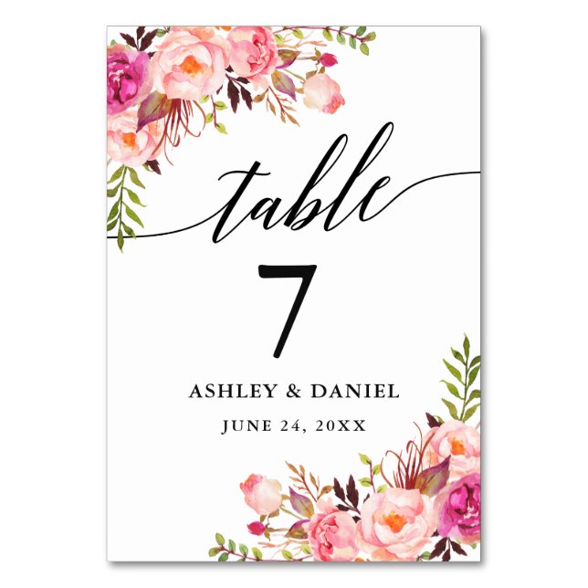 Calligraphy Pink Blush Floral Wedding Table Number (Front)