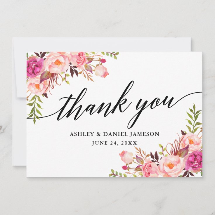 Calligraphy Pink Blush Floral Wedding Thank You Card 