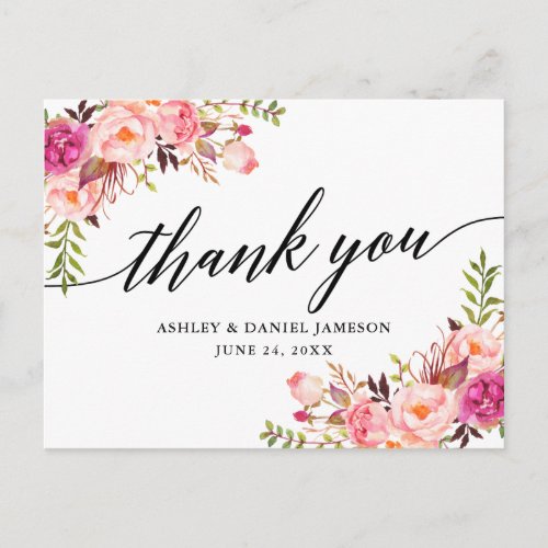 Calligraphy Pink Blush Floral Wedding Thank You Postcard