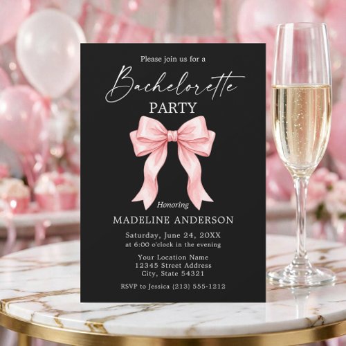 Calligraphy Pink Bow Bachelorette Party Invitation