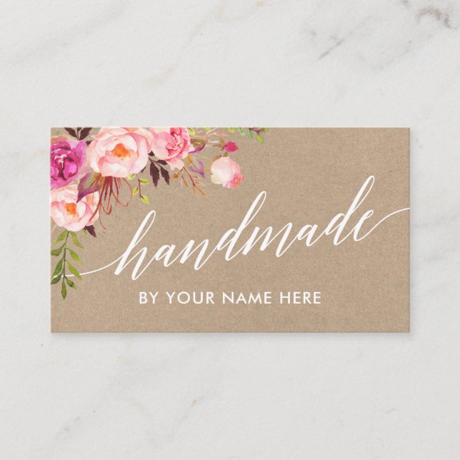 Calligraphy Pink Floral Hand Made Kraft Style Business Card (Front)