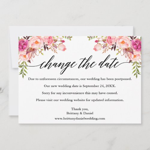 Calligraphy Pink Floral New Wedding Date Card