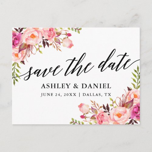 Calligraphy Pink Floral Save The Date Postcard