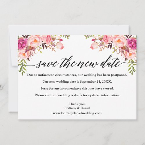 Calligraphy Pink Floral Save The New Date Card