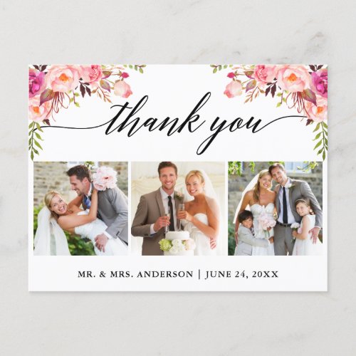 Calligraphy Pink Floral Wedding 3 Photo Thank You Postcard